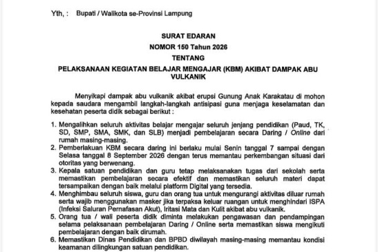 Dampak Abu Vulkanik Anak Krakatau, Kegiatan Belajar Mengajar Dialihkan ke Daring